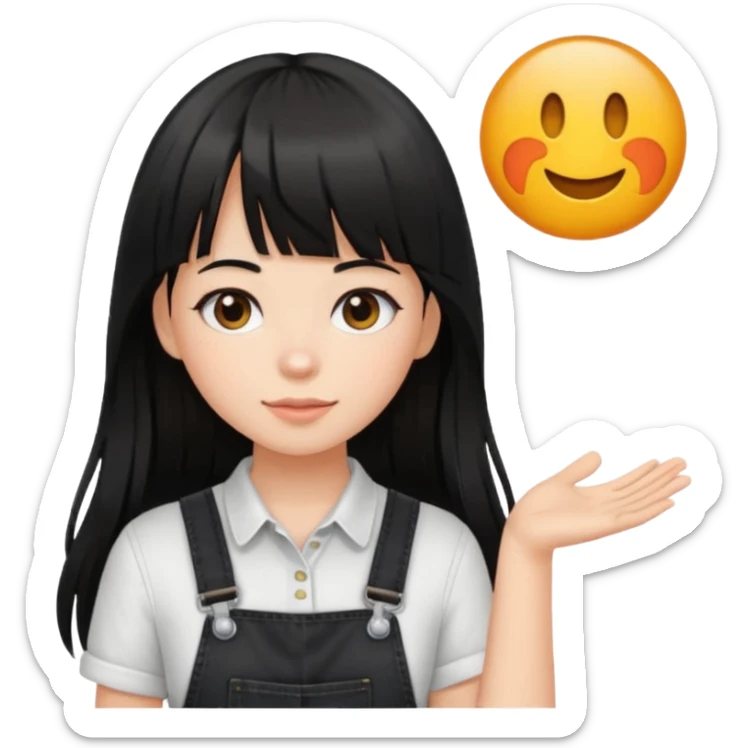 Make it a girl wil long hair like this and look like this  she has brown ish black hair and if has bangs with black overalls and a white shirt sticker