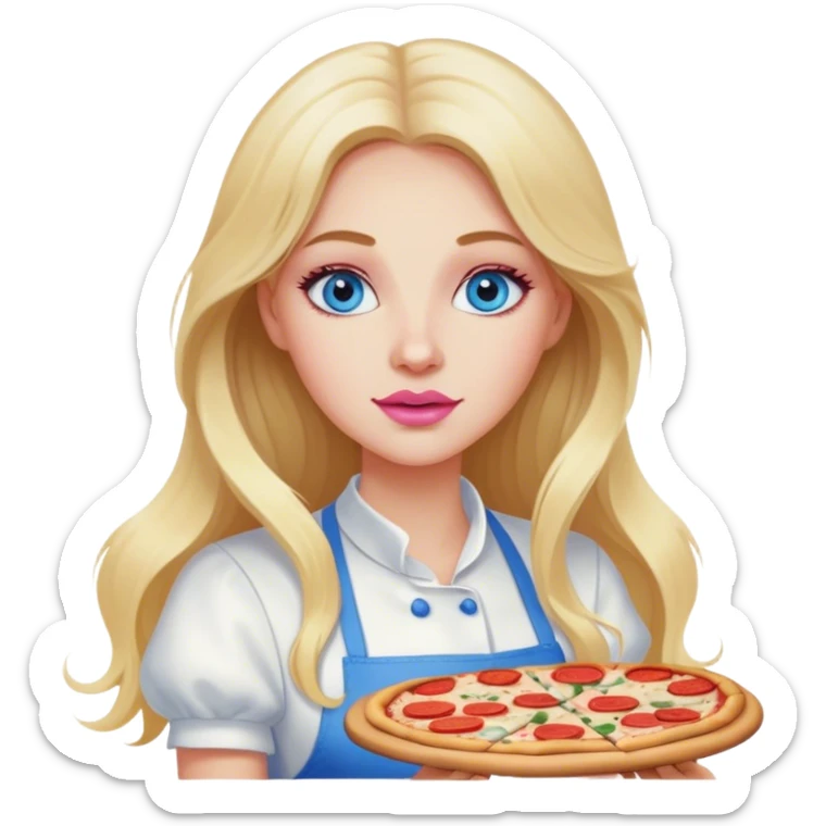 Cinematic realistic beautiful blonde with long hair, blue eyes and pink lips in a white dress cooks pizza sticker