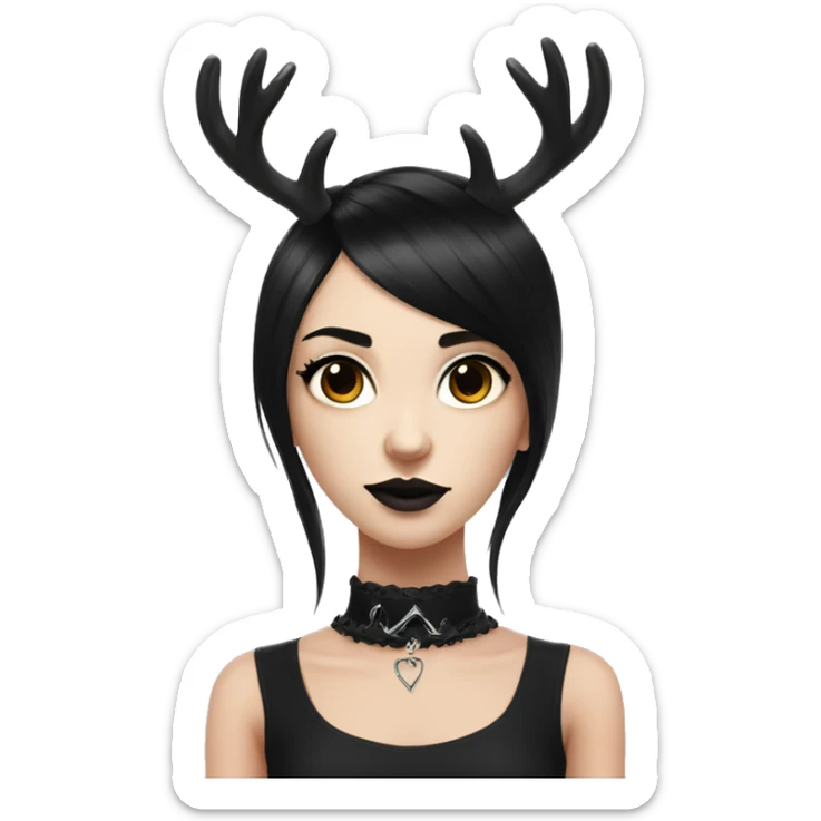 Portrait. Goth deer girl in a black sleeveless dress with a choker. White antlers with deer ears. Black hair sticker