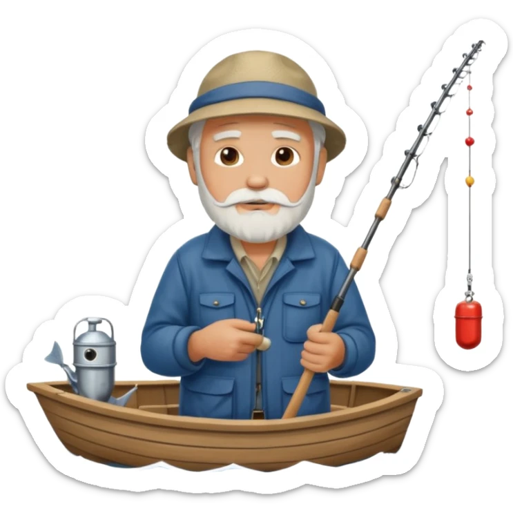an old white haired, bearded man in fisherman attire, stood in a boat at sea, holding a fishing rod and catching fish with it. sticker