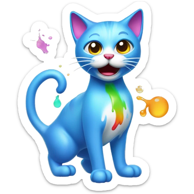 A cute cat character looking unwell, with a colorful stream of liquid coming from its mouth, depicted in a cartoonish and playful style sticker