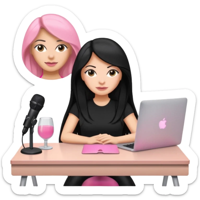 tanned long black hair woman, sat at desk with pink MacBook, podcast microphone black top and pink, sexy, glass table sticker