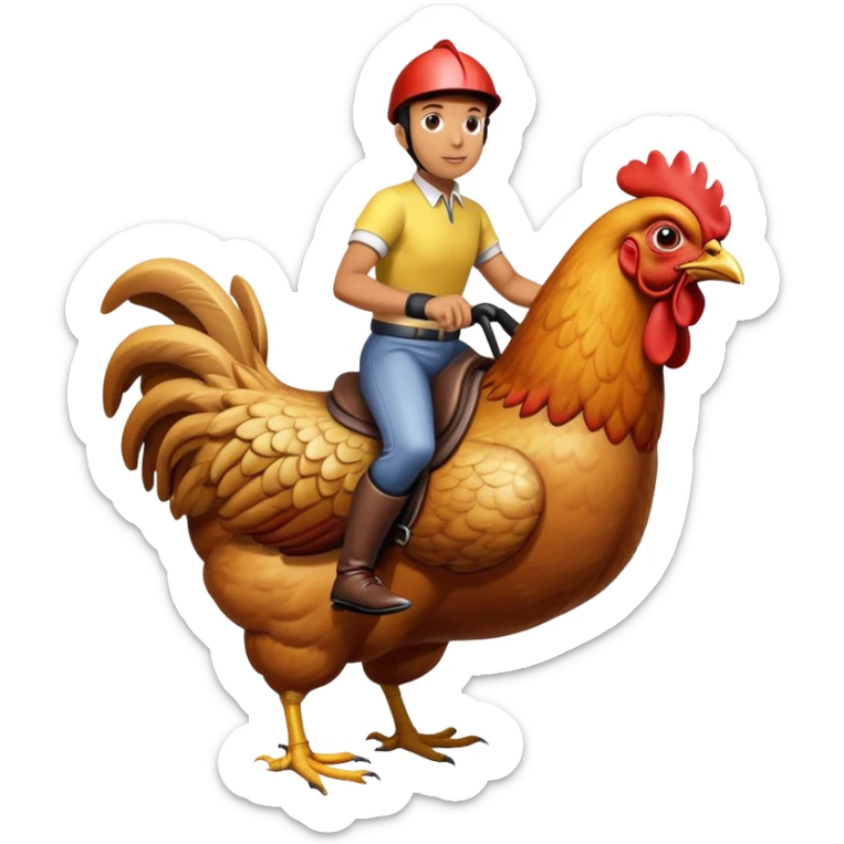 person riding a giant chicken like a jockey, funny meme, comical, human jockey on chicken sticker