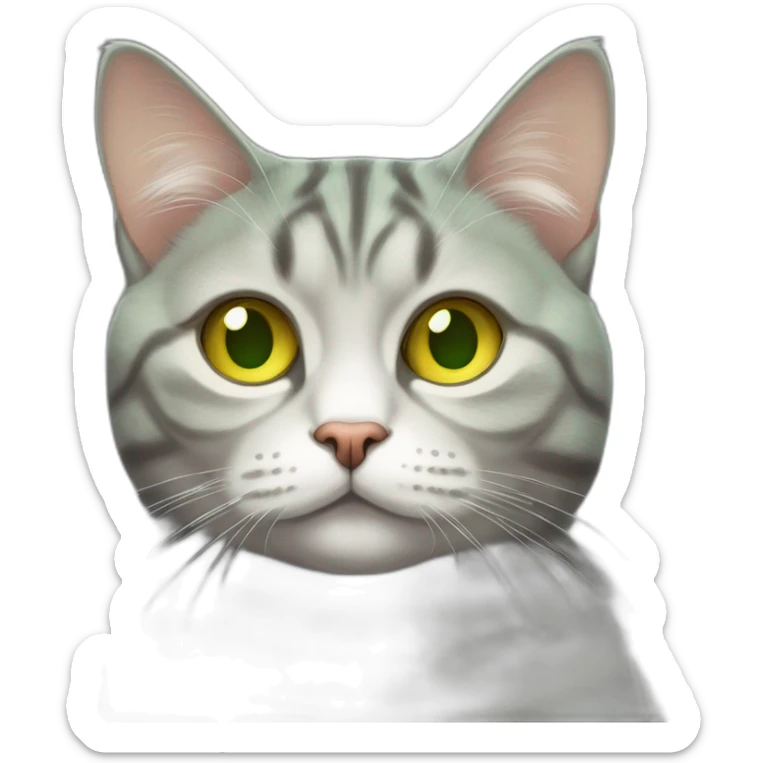 american short hair cat- tabby- a little bit fat- green yellow eyes- the distances between eyes is a little bit far- gray hair fluffy- looks cute- sleeping sticker