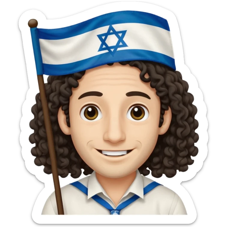 jewish jew man's face, wearing a tiny black kippah and 2 curly long hair strands near the ears, big nose, only face, no body, no mustache, holding israel flag sticker