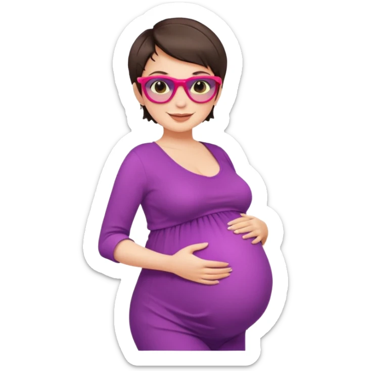 pregnant stylish woman with short pixie brunette hair happily touching her big belly while wearing fashionable clothes and colorful shades sticker