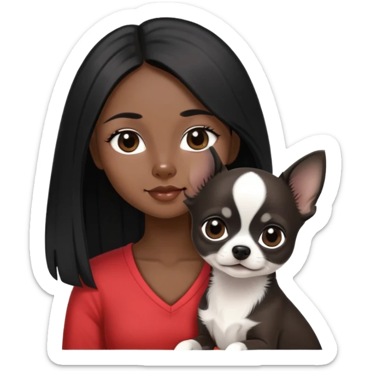 Thai woman with long straight black hair next to a small black and white Chihuahua puppy sticker