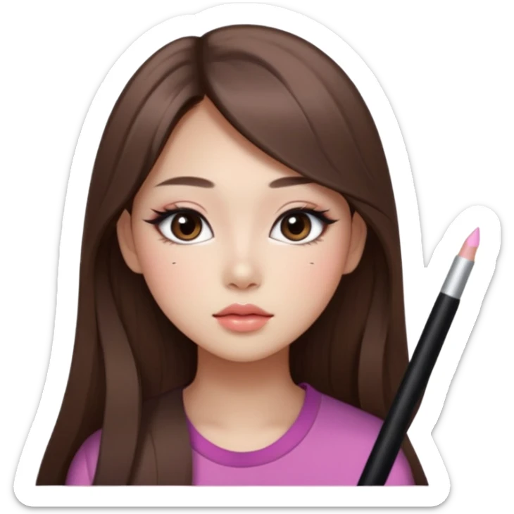 “korean straight long brown hair Emoji girl, soft eyeliner and blush, gradient lips, light brown shimmer eyeshadow sticker