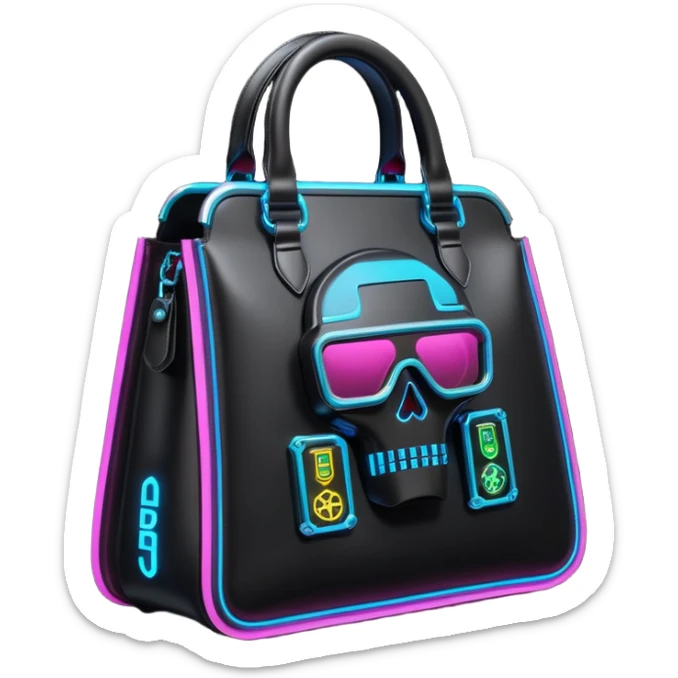 Ultra realistic dolce and Gabbana bag in a black color with cyberpunk neon-lit embellishment, 3d render, isolated, 8k sticker