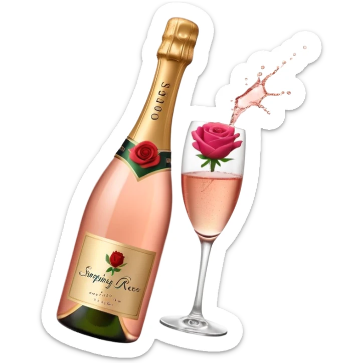 bottle of sparkling rosé champagne with a rose logo on the label, with the cork popping out from the top, tilted up and to the left, no glass sticker