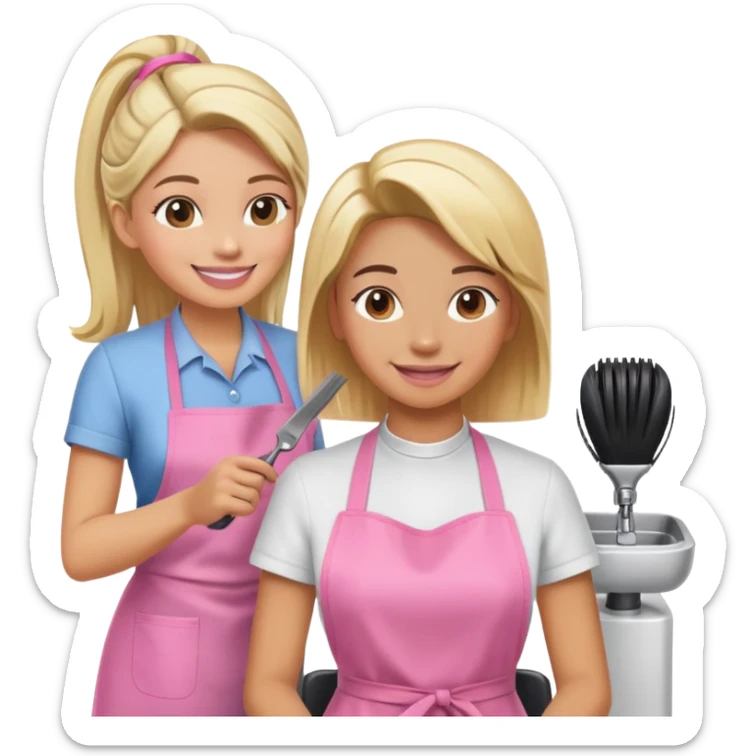 smiling woman in pink apron getting a haircut from a smiling female hairstylist sticker