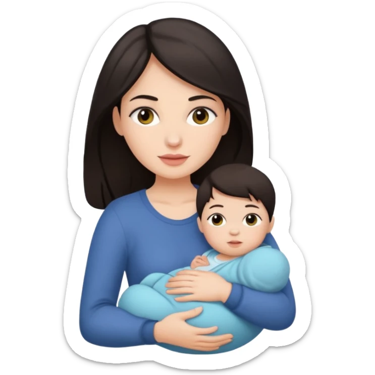 Beautiful white woman with dark hair holding a baby sticker