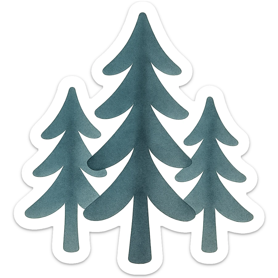 logo style illustration of evergreen trees in Slavic folk art style, dark neutral color tones, watercolor texture, transparent background, suitable for favicon sticker
