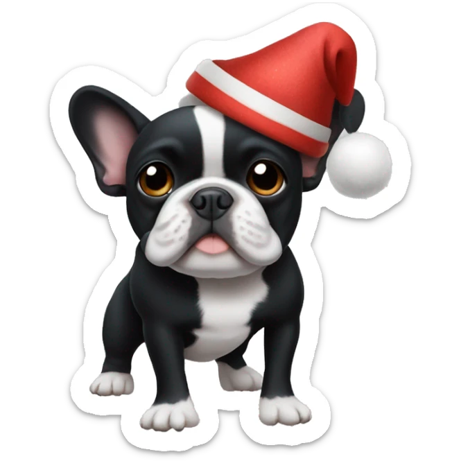 an all-black French bulldog with a white breast in a festive hat sticker