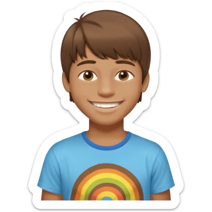 16 yr old boy, brown hair, straight, big smile, white teeth, tanned skin, bangs, hippie part sticker