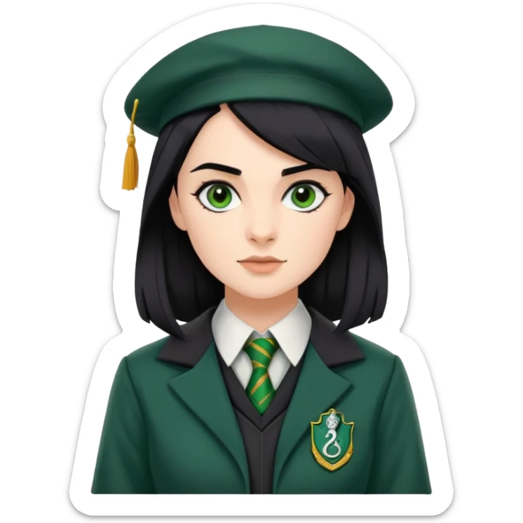 genevieve gaunt is Pansy Parkinson in harry potter, wear hogwarts slytherin uniform, black hair, not wearing hat sticker