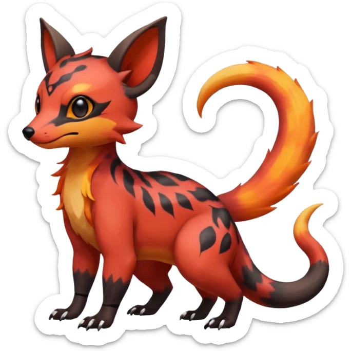 Rare tropical warm-colored exotic cute epic aesthetic colorful Salandit-Eevee-Civet-species-Fakemon-hybrid-creature, with wild fiery markings, full body sticker