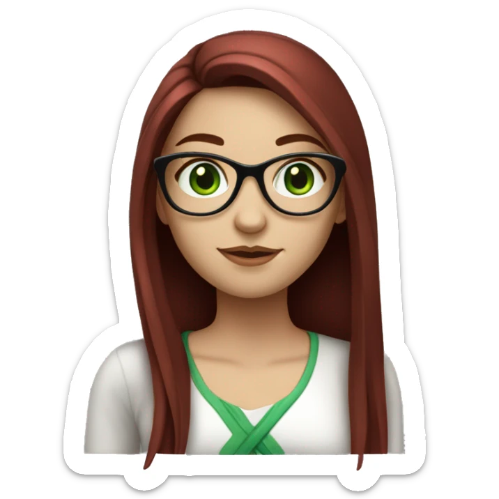 white girl with green eyes, glasses, and long straight dark red hair sticker
