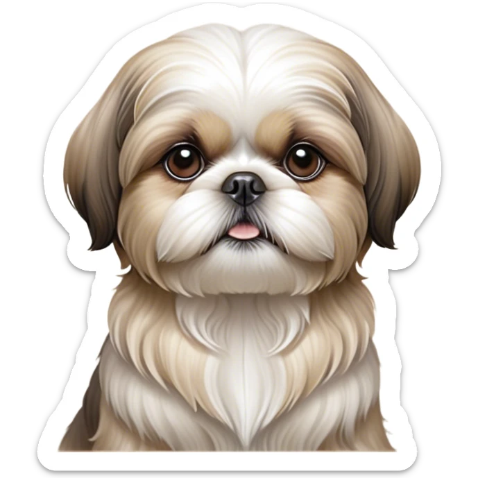 Cinematic Noble Shih Tzu Portrait Emoji, Poised and elegant, with a luxurious, flowing fur in refined muted tones, delicate features and wise, gentle eyes, simplified yet meticulously detailed, glowing with a soft, regal radiance, high shine, exuding quiet dignity and timeless charm, soft glowing outline, capturing the essence of a noble Shih Tzu that epitomizes refined poise! sticker