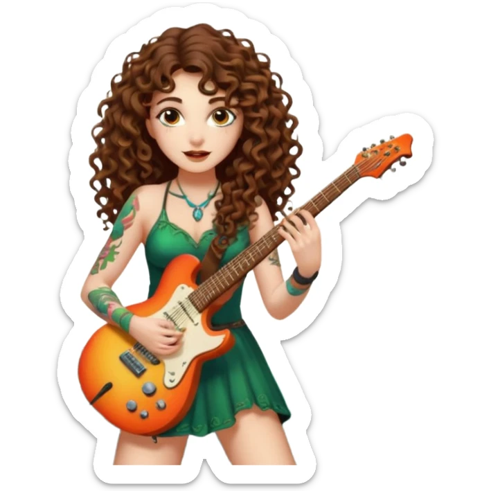 woman with long curly brown hair, brown eyes, white skin, tattoos, playing a root-shaped electric guitar that grows leaves from the strings, psychedelic glow, forest stage aura sticker