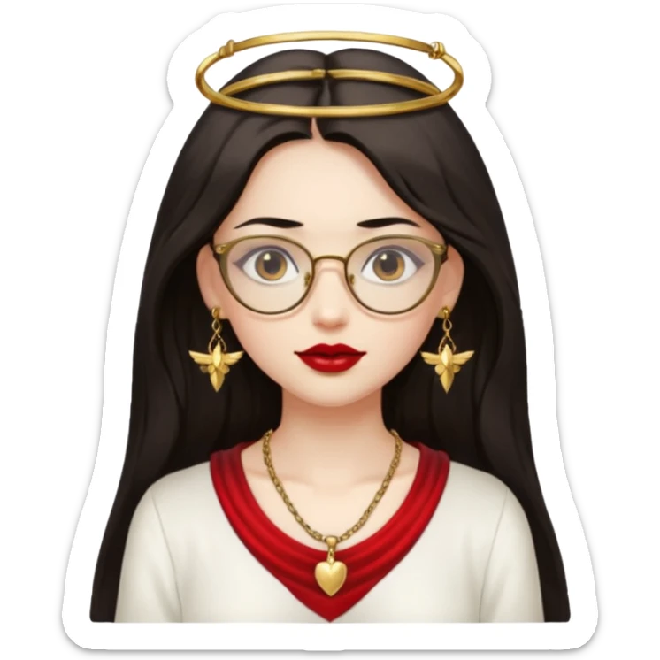 Angel girl with eyeglasses and long dark hair with red lipstick  and push gold necklaces and dark eyes sticker