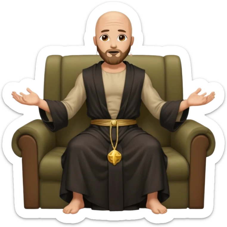 fullbody bald jesus christ jacked, sleeveless and unbuttoned in black robe sitting with elbows on armrests sticker