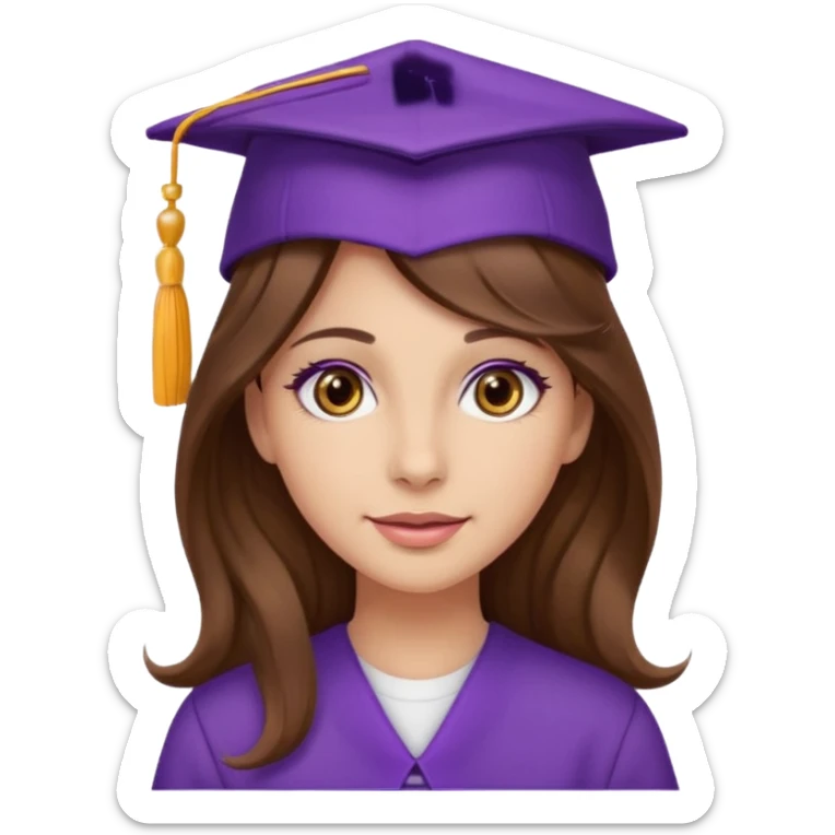 beautiful  woman normal skin with wavy long long brown hair and hazel eyes with purple school hat sticker