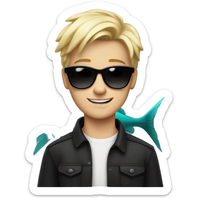 cool blonde teen boy wearing black sunglasses holding up a big fish sticker