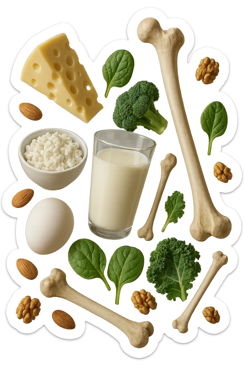 latticini, verdure a foglia verde, frutta secca fluttuano in aria insieme ad ossi umani realistici, iperrealistici 4k sticker