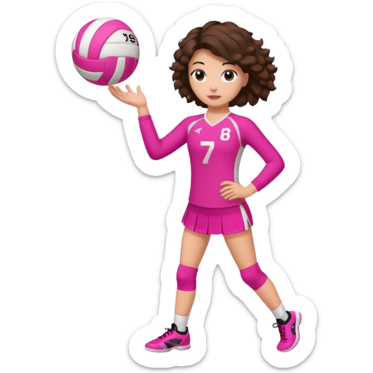 une joueuse de volley de debout (on voit ses jambes) qui joue (blanche brune avec des cheveux longs boucles) (avec une tenue ROSE avec le numéro 7) et une balle rose sticker