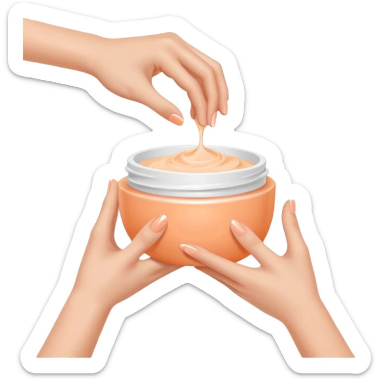 Minimal emoji of 2 hands gently applying skincare cream, soft nude and peach tones, clean beauty aesthetic, calm and elegant, subtle glow sticker
