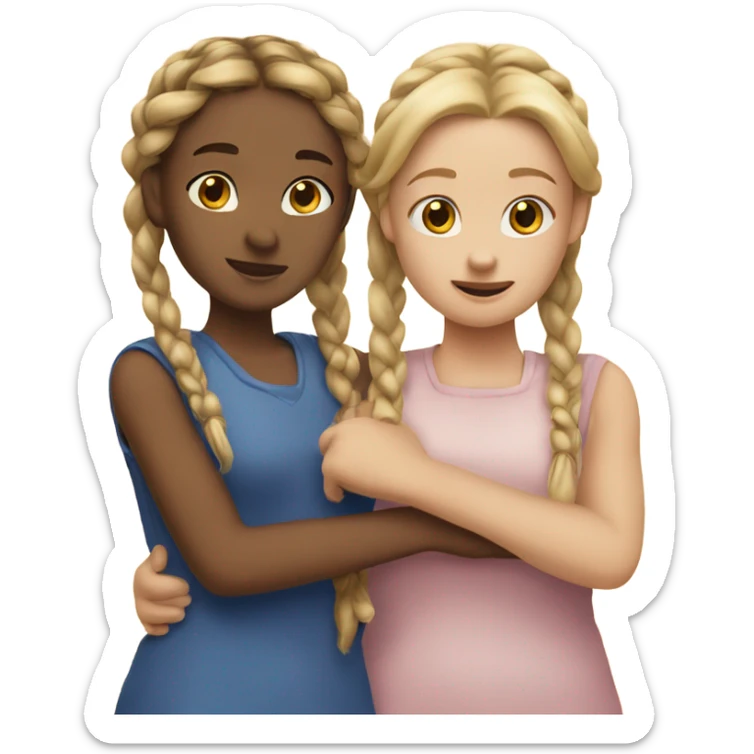 Two girls hugging one girl has dark blonde braids and fair skin one girl has blonde braids and fair skin sticker