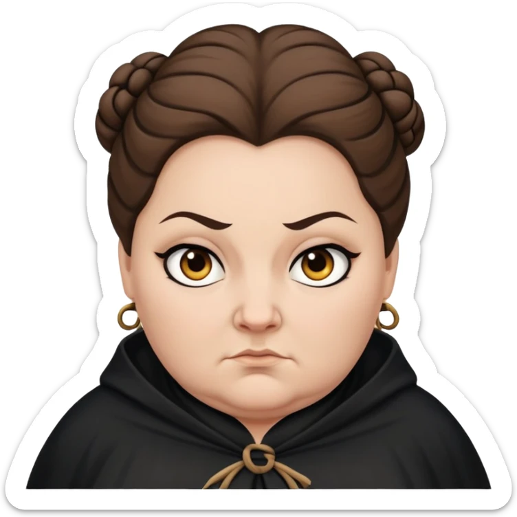Alecto Carrow in harry potter, a white fat woman , one knot bun brown hair, look evil, black cloak sticker