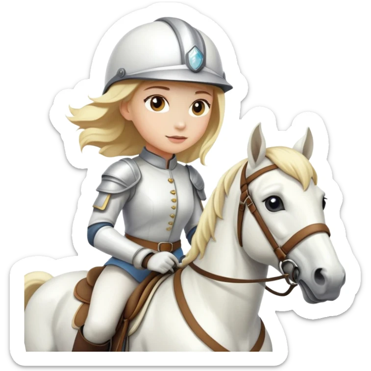 Girl with blonde hair riding a white horse with a helmet sticker