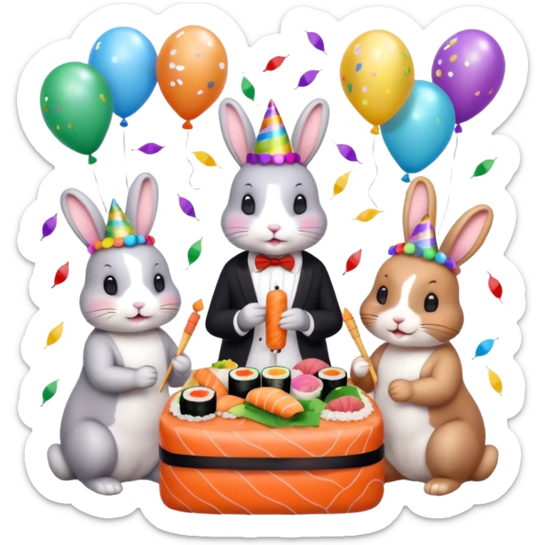 four bunnies together eating sushi at a birthday party, all four bunnies clearly visible, playful, colorful, party hats, birthday decorations, confetti, balloons, varied composition, emoji style sticker