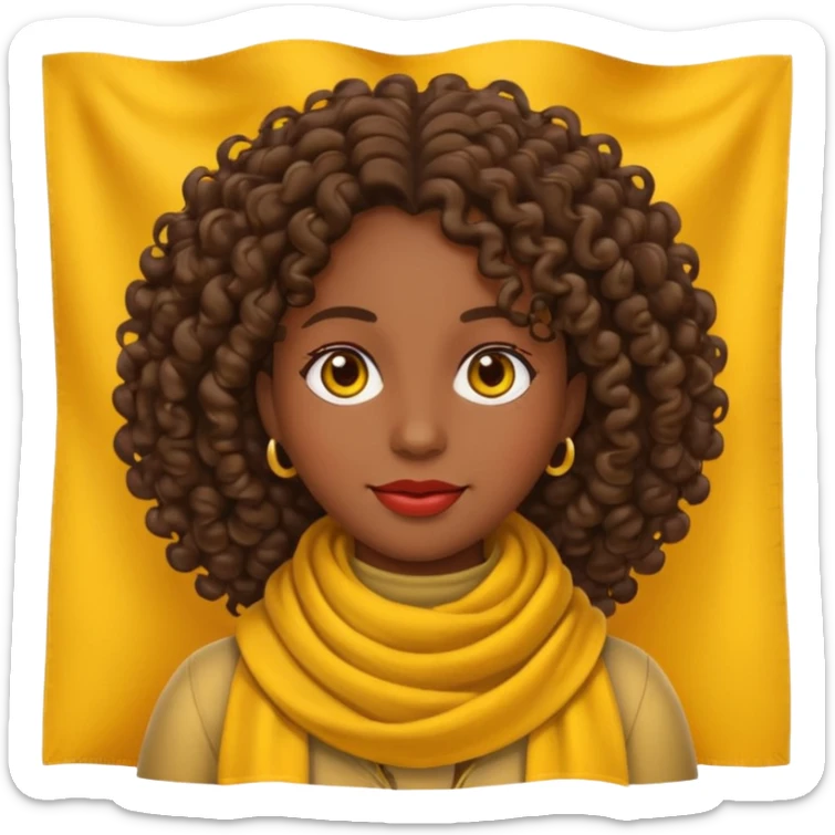 woman emoji with dark skin and curly hair, no earrings, no necklaces, no jewelry, wearing yellow Pathfinder scarf, apple emoji style, transparent background sticker