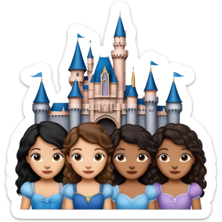 Quiero que crees una imagen donde este el castillo de Disney y por detrás o delante pon a quatro chicas: una con el pelo largo rizado marrón , otra con el pelo muy corto negro, otra con el pelo mediano liso marrón y otra con el pelo negro largo liso sticker