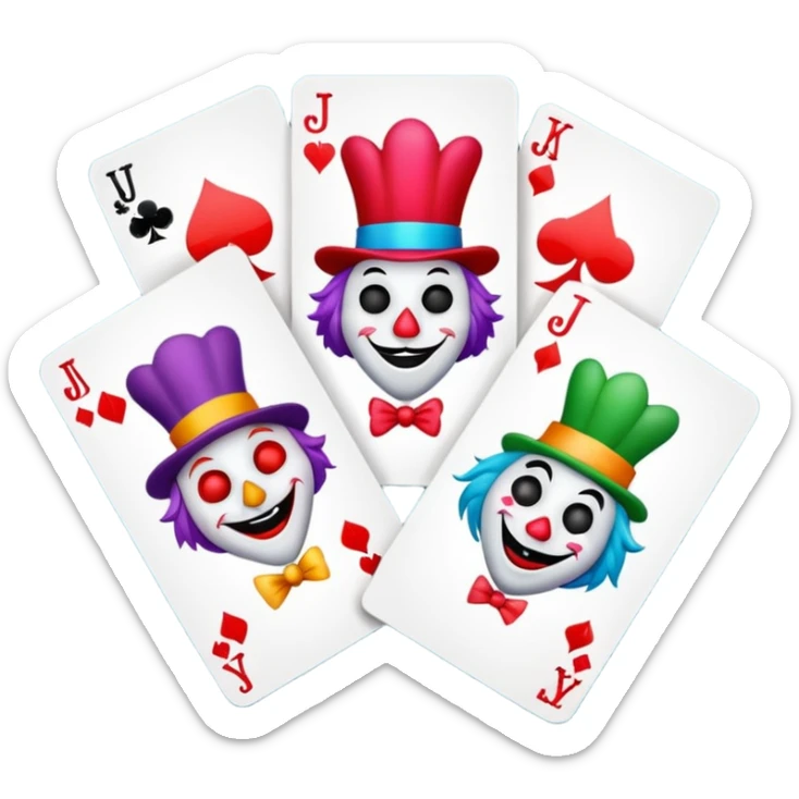 bunch of 3 poker cards, with crazy colorful jolly jokers inside, inversed face sticker