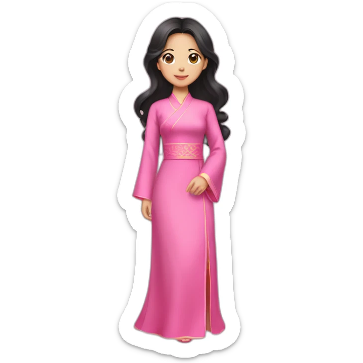 asian girl with fair lips, wavy black hair posing with pink ao dai full body sticker