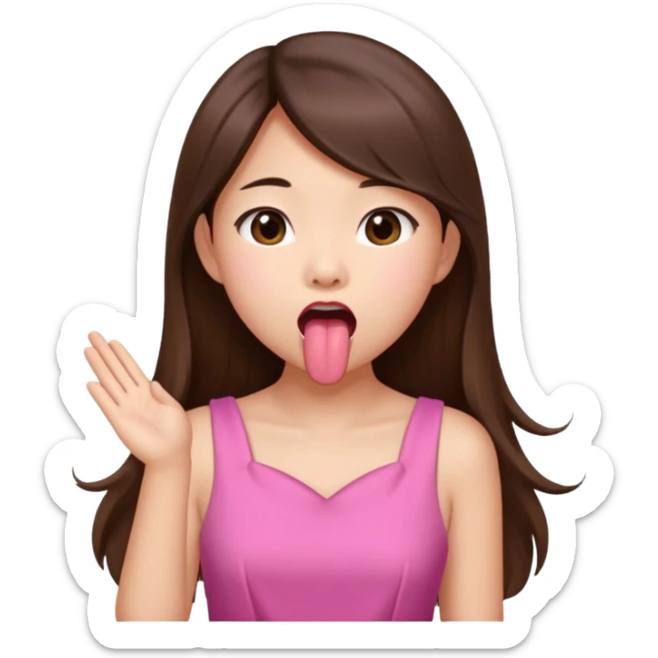 asian girl with long brown hair and fair skin wearing pink dress sticking tongue out sticker