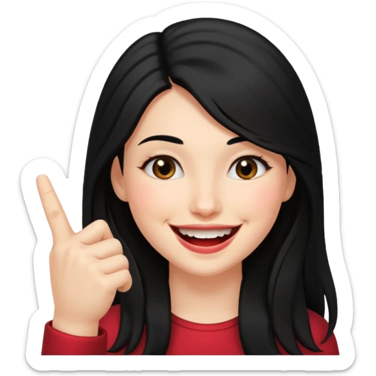 Haz una imagen de una mujer con cabello negro largo , con una sonrisa en su cara y la punta de su dedo indice mordido entre sus dientes sticker
