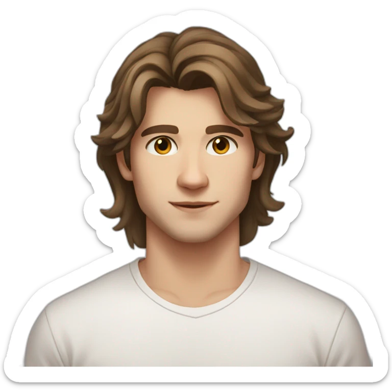 22 years old, Russian guy, long brown shoulder-length hair, white T-shirt, brown eyes sticker