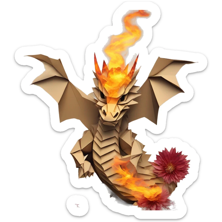 Charred flaming fiery Beige Origami dragon made of newspapers on fire letters on fire burnt paper surrounded by fairy lights swirls covered in dried flowers bokeh floral flowers fire flames sticker