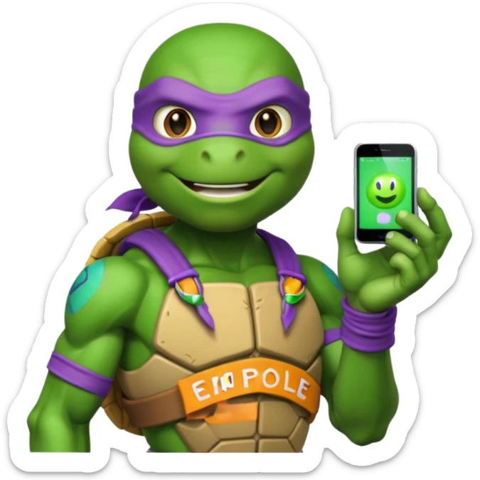 Donatello from Teenage Mutant Ninja Turtles, emoji style, with a hologram device in hand sticker