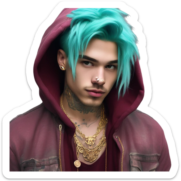 Vintage grunge patina intricate swirls gold jewellery baroque golden sparkle tropical Deep pink maroon burgundy cyan dark hoodie man dyed hair gold piercings nose piercing ear piercings sticker