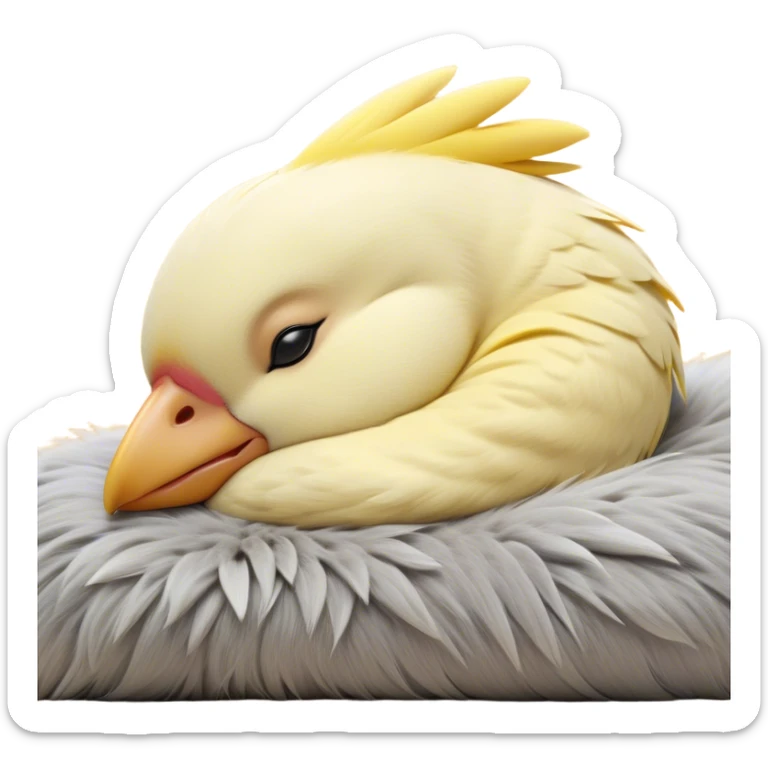 Meme-Worthy Cute Sleeping Cockatiel Portrait Emoji, Head resting peacefully with a contented smile, showcasing a delicate, slender build and a luxuriously soft grey fur with gentle yellow accents, eyes shut in a serene nap, Simplified yet hilariously adorable features, highly detailed, glowing with a soft, drowsy light, high shine, relaxed and utterly lovable, stylized with an air of playful laziness, bright and heartwarming, soft glowing outline, capturing the essence of a comically sleepy cockatiel, so meme-worthy it feels like it could instantly become the next viral sensation of adorable slumber! sticker