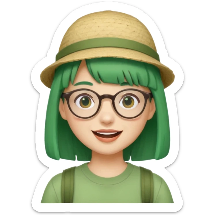bangs, cute tourist hat, green hair very happy and glassess sticker