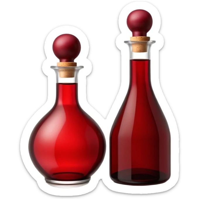 Red wine vinegar and oil bottles, elegant glass, dark brown to ruby, round or square base, slender neck, cork or metallic cap, dark glass, reflections, 3D clean style, transparent background, optimized for emoji size sticker