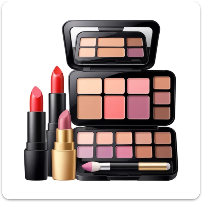 makeup products all together in one piece of png, lipstick, blush, powder, etc sticker