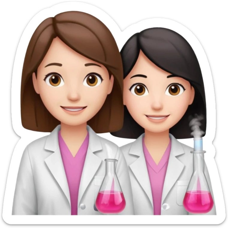 cientificas con blusa rosa y bata blanca felices, una chica con pelo marrón y otra chica con pelo negro sticker